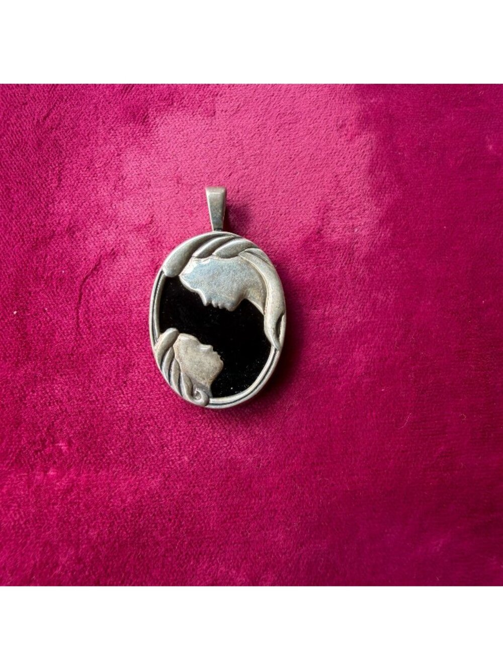 Vintage Kabana 925 Sterling Silver Black Onyx Mother Child Face Cameo Pendant
